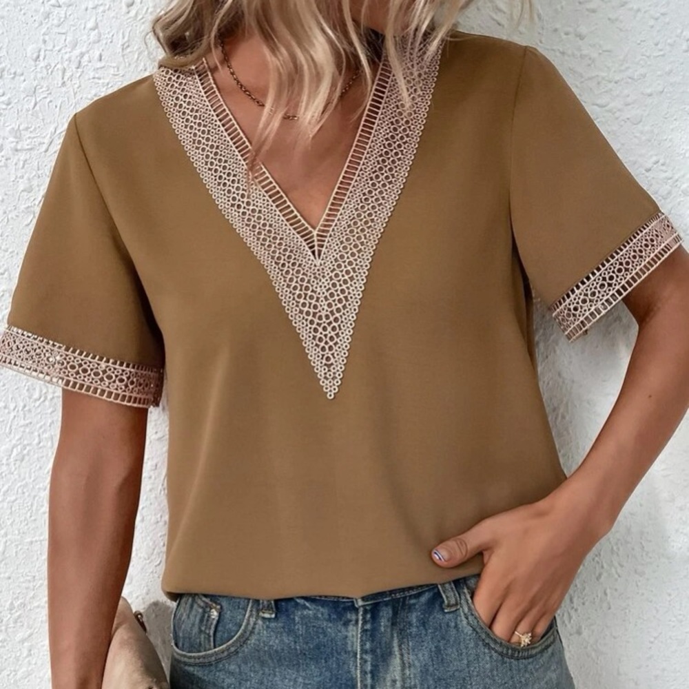 Boho Apricot V Neck  Lace Solid Minimalist Blouse - Picture 13 of 15